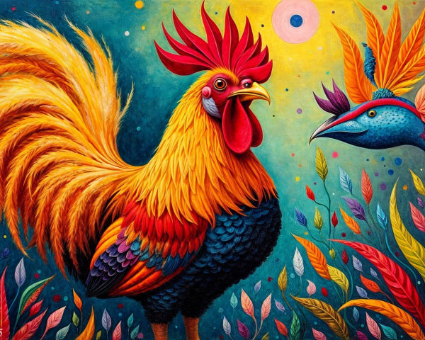 Vibrant Rooster and Colorful Foliage Illustration