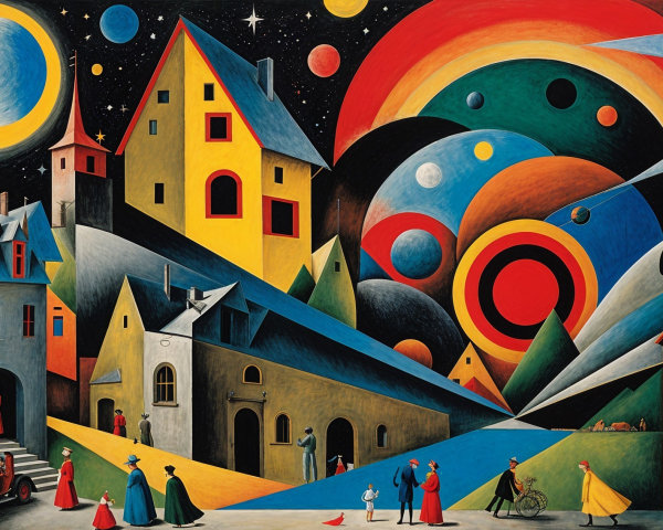 Surreal Landscape with Colorful Houses and Stars