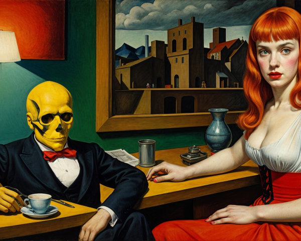 Surreal Painting of Yellow Figure and Red-Haired Woman
