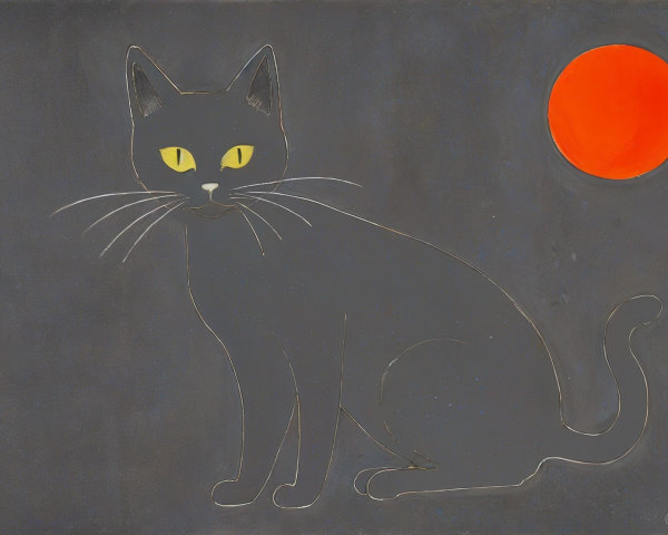 Stylized Black Cat with Yellow Eyes and Orange Sun
