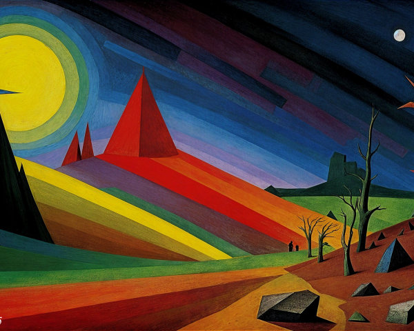 Vibrant Landscape with Geometric Mountains and Silhouettes