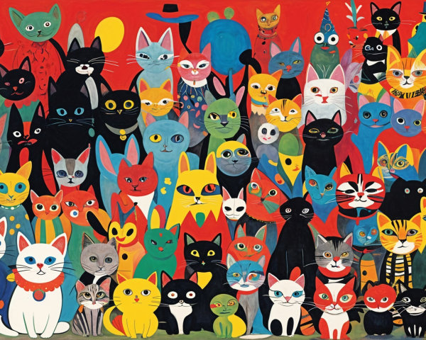 Colorful Cats and Rabbits in Whimsical Illustration