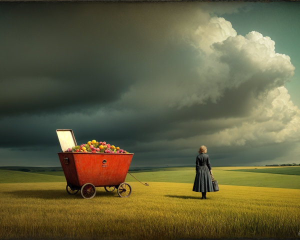 Woman in Dress by Colorful Fruit Cart in Field