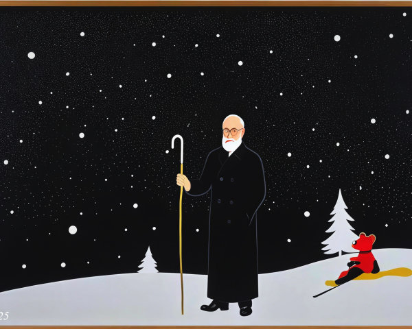 Snowy Night Scene with Stars and a Man in Coat