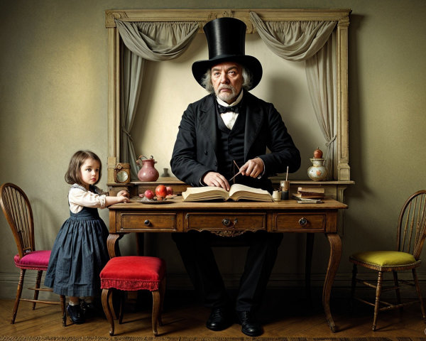 Vintage Scene of Man Reading with Curious Girl