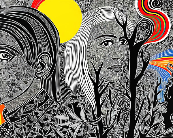 Contemporary Tribal Artwork of Two Women's Faces