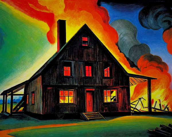Wooden House Engulfed in Flames Against Dark Sky