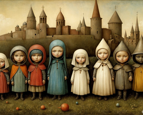 Children in Colorful Cloaks by a Fairy Tale Castle
