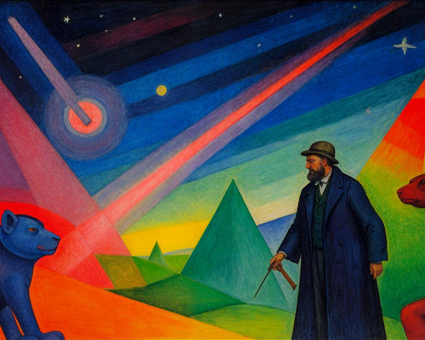Vibrant Scene with Stylized Animals and Pyramids