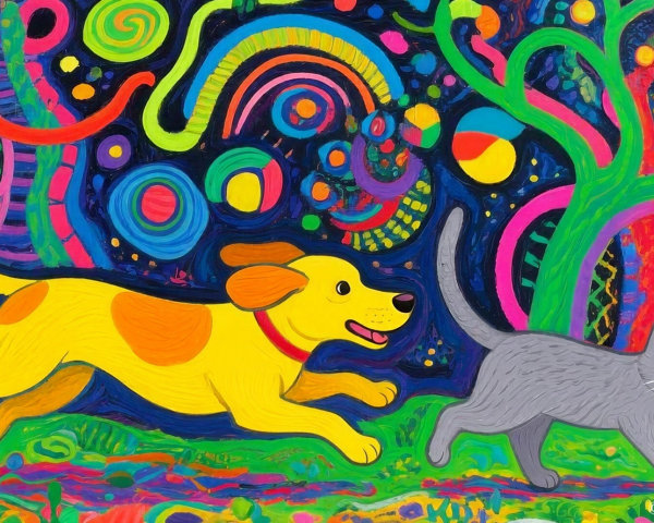 Psychedelic Painting of Dog and Cat on Colorful Lawn