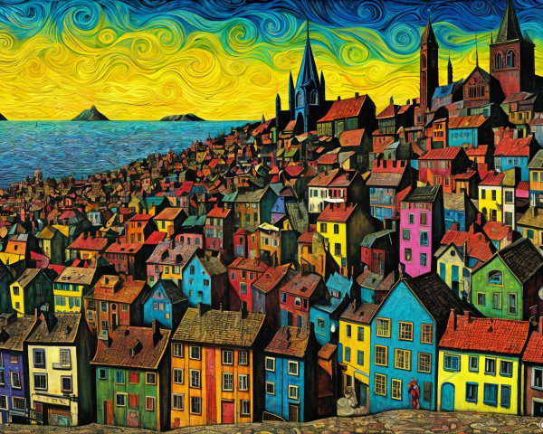 Vibrant Coastal Town with Colorful Houses and Sea View