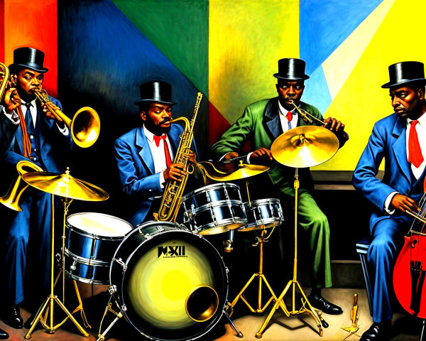 Vibrant Jazz Ensemble with Five Musicians in Suits