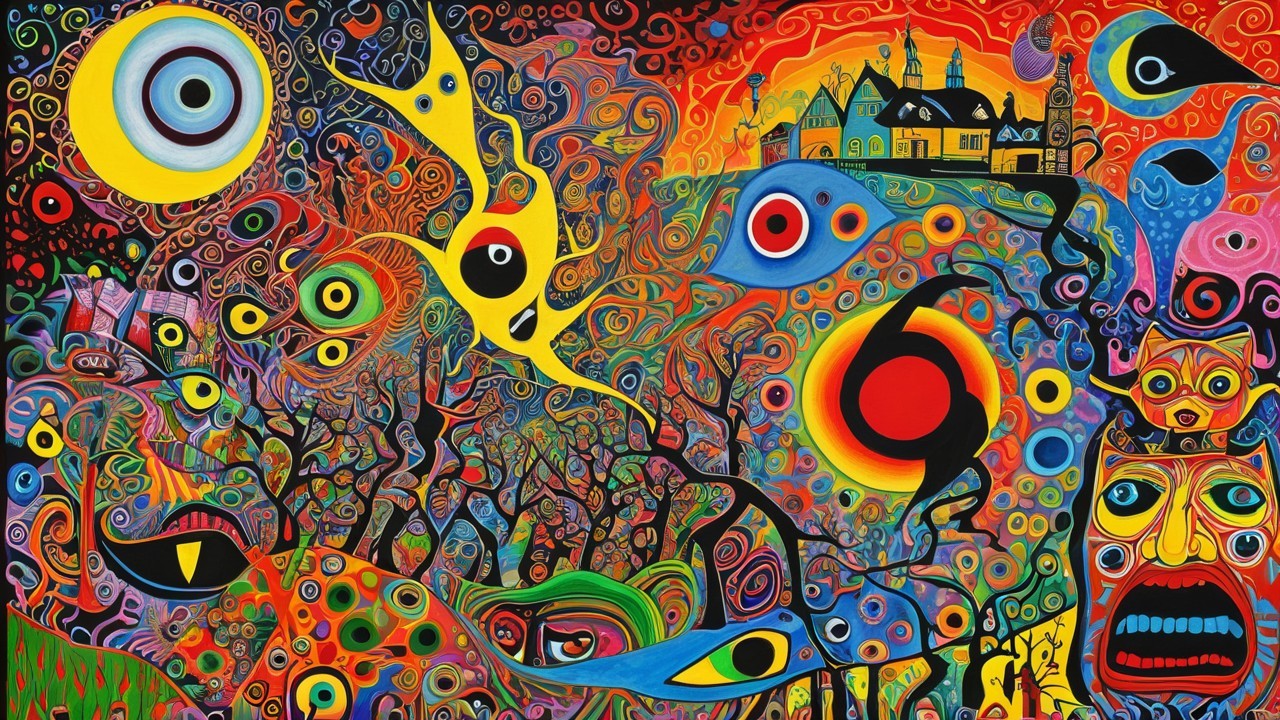 Surreal Landscape with Colorful Patterns and Castle