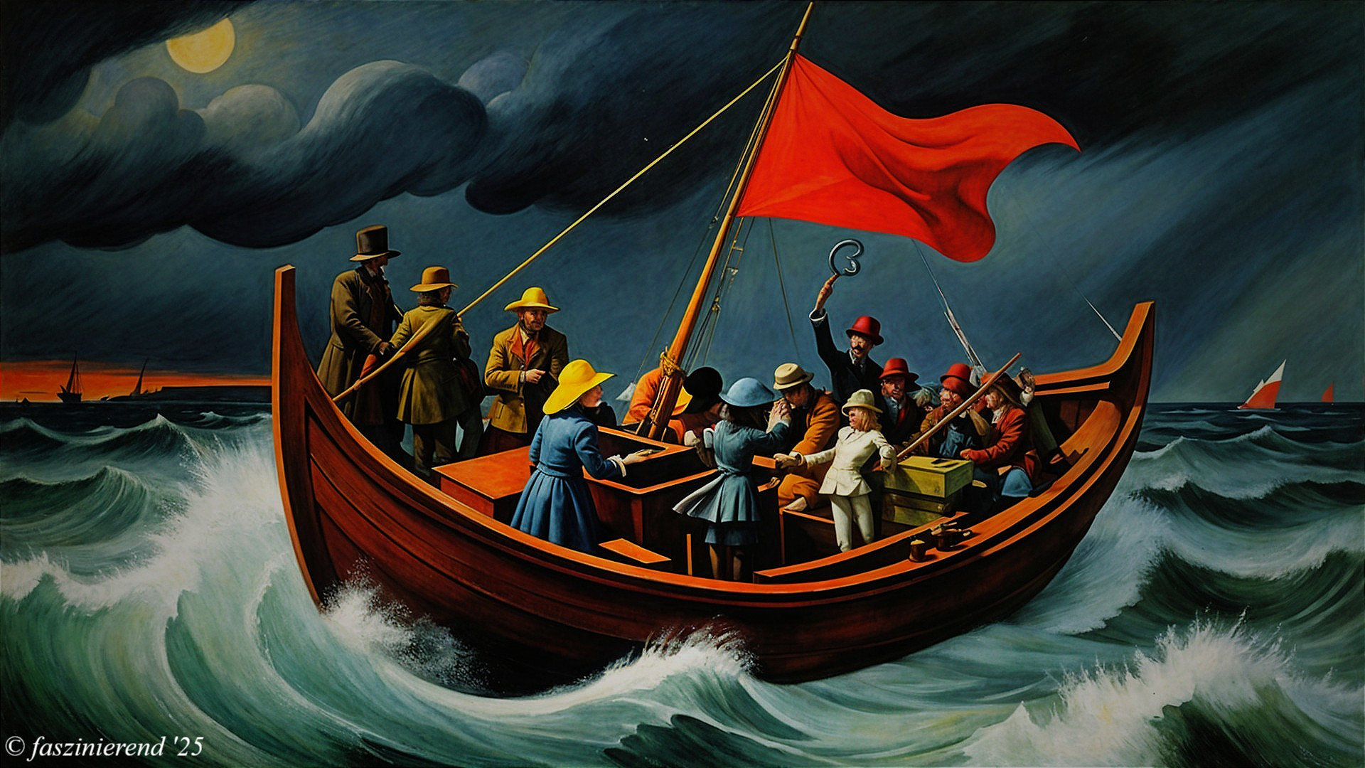 Group of Figures on Boat in Turbulent Waters