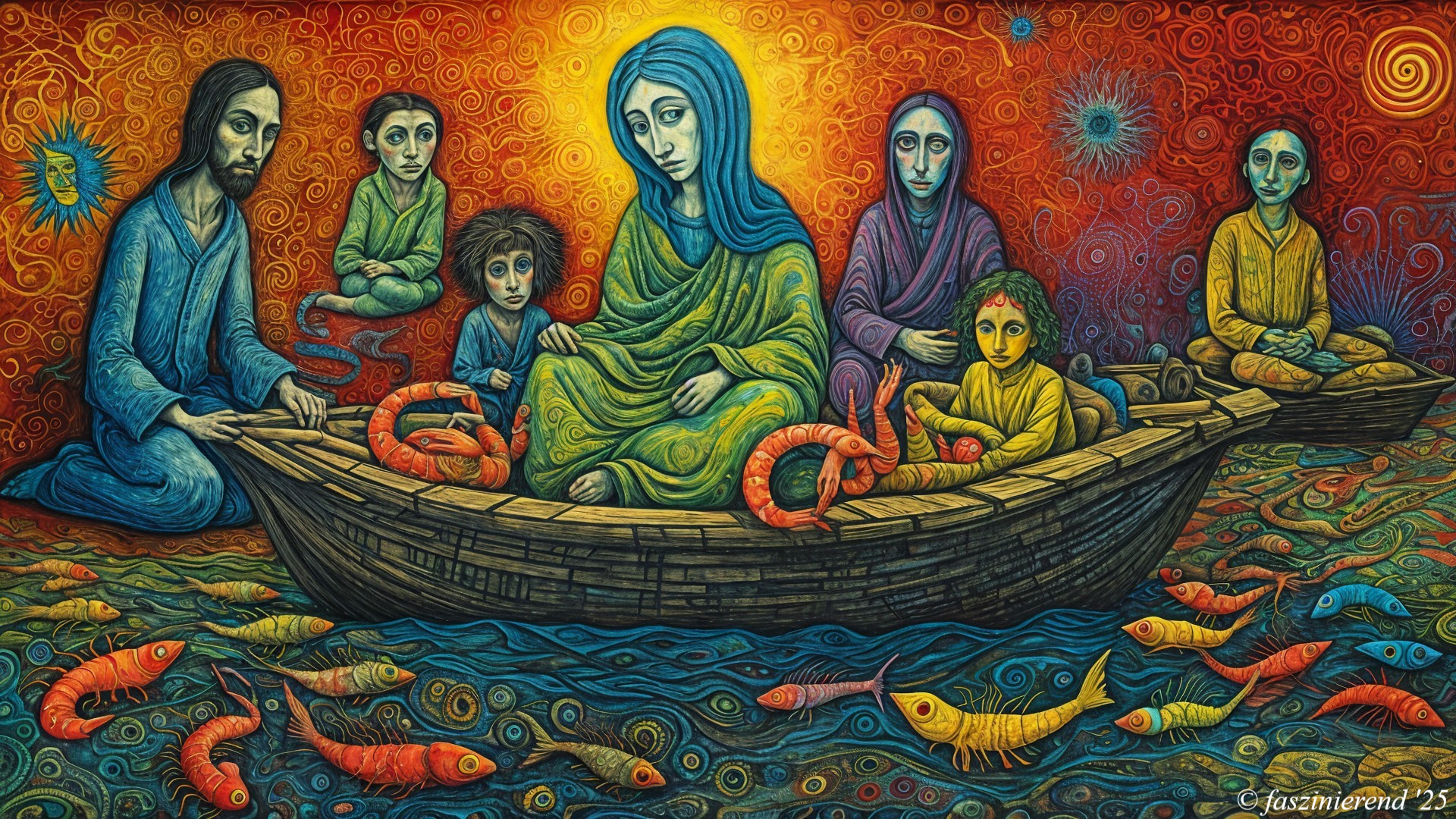 Vibrant Boat Scene with Stylized Community Figures