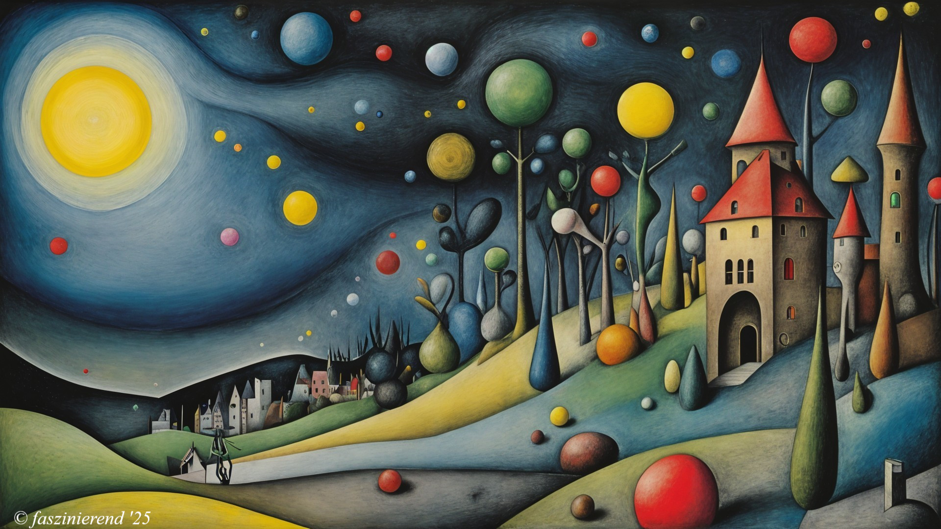 Whimsical Moonlit Landscape with Colorful Orbs and Castle