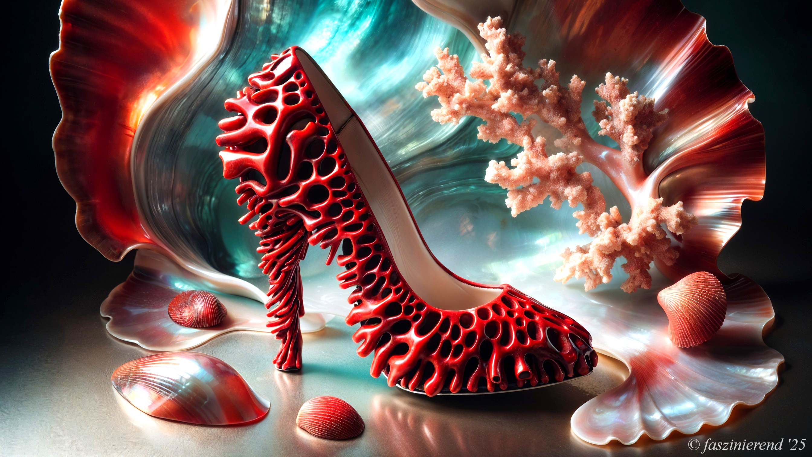Red High-Heeled Shoe with Coral Texture and Shells