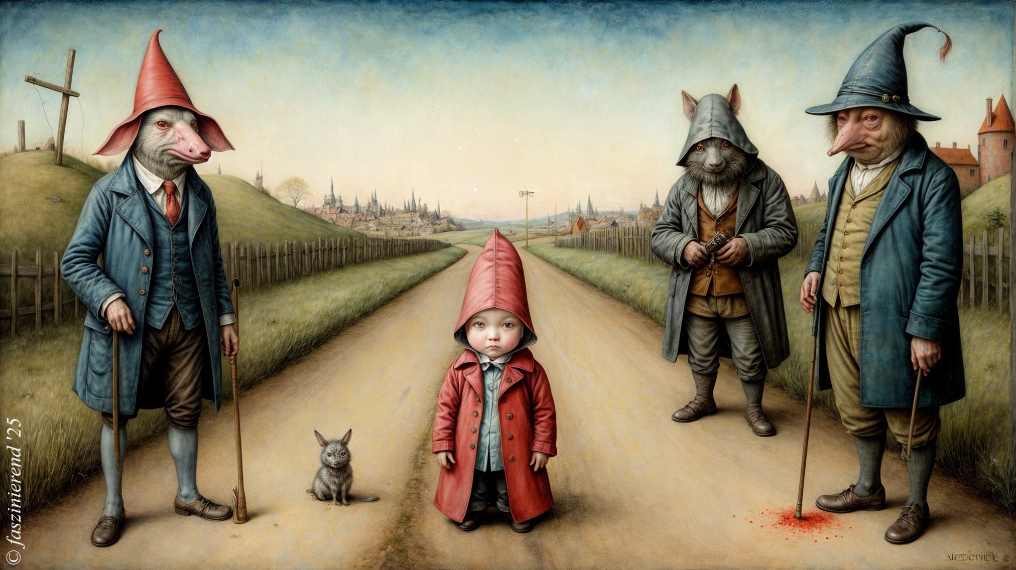Surreal Landscape with Whimsical Characters and Hills