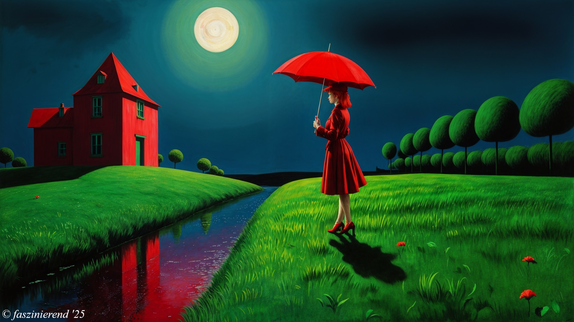 Woman in red dress under umbrella by serene landscape