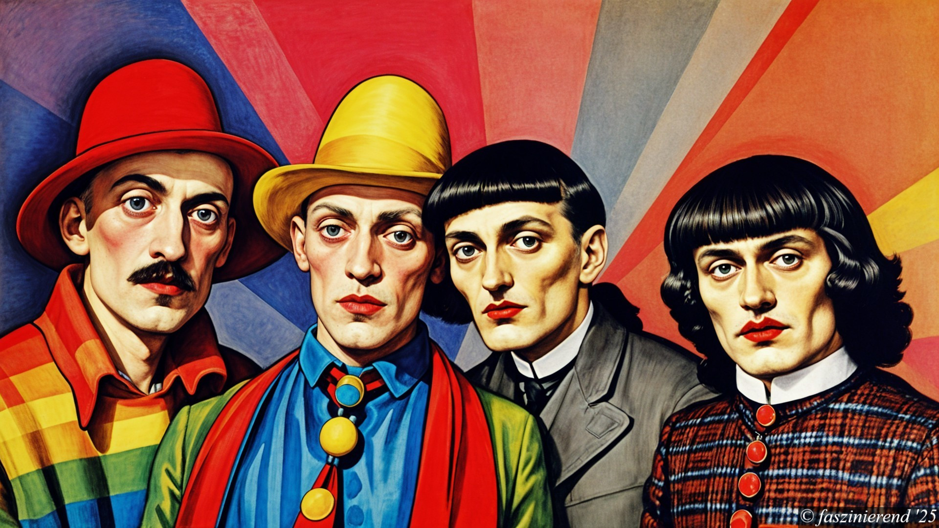 Stylized Figures in Colorful Attire and Geometric Background