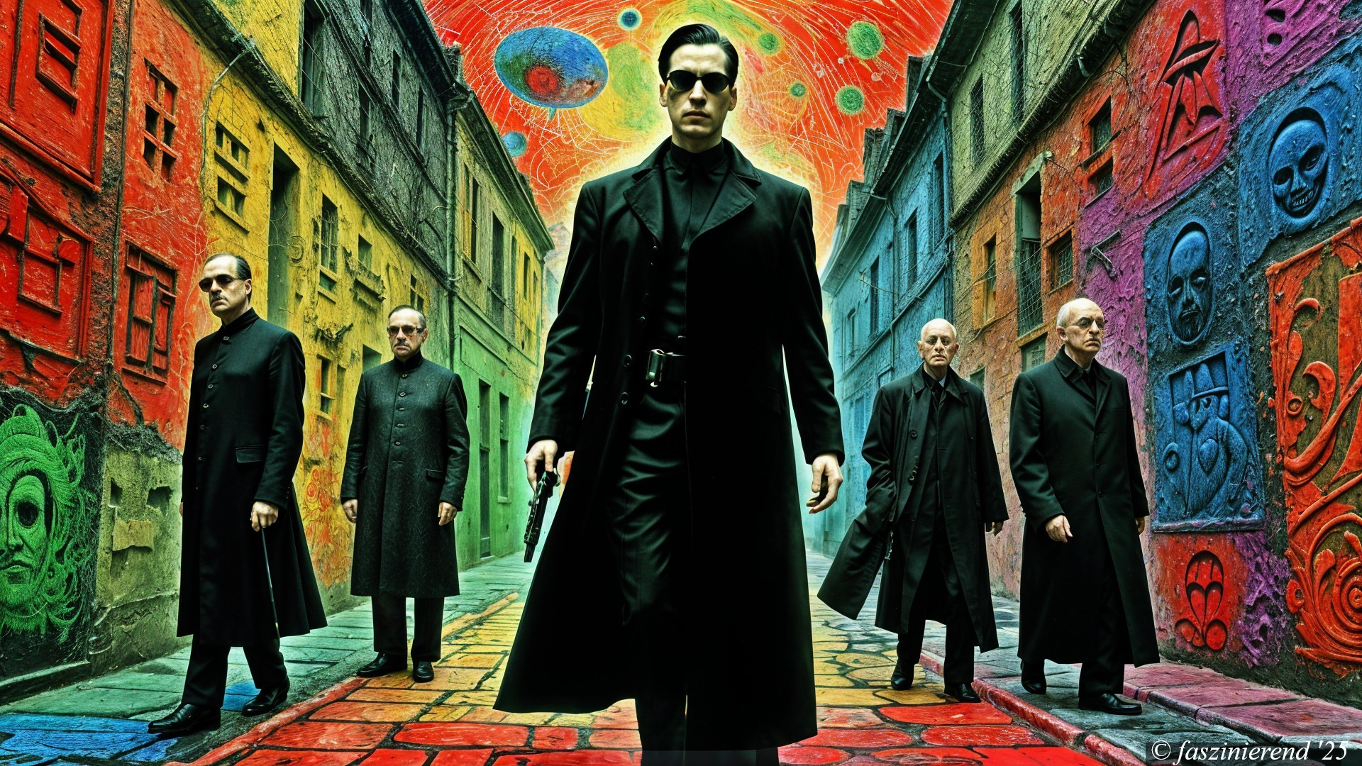 Graffiti Alley with Central Figure in Black Coat