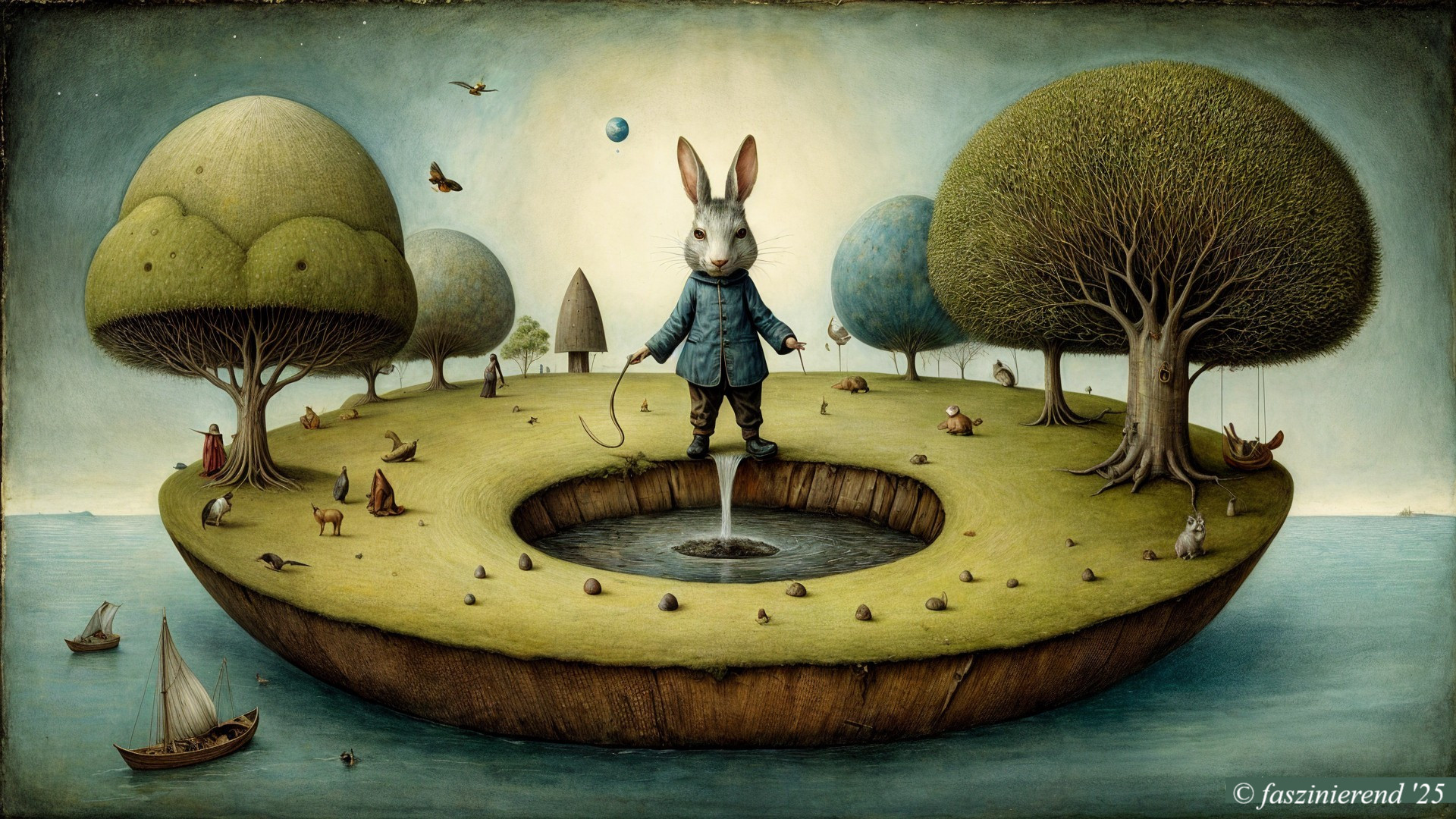 Whimsical Landscape with Rabbit on Floating Island