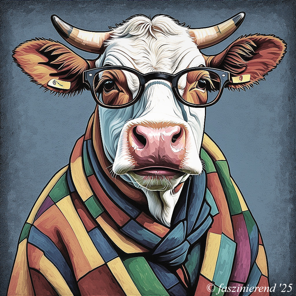 Cartoonish cow in glasses with colorful robe design