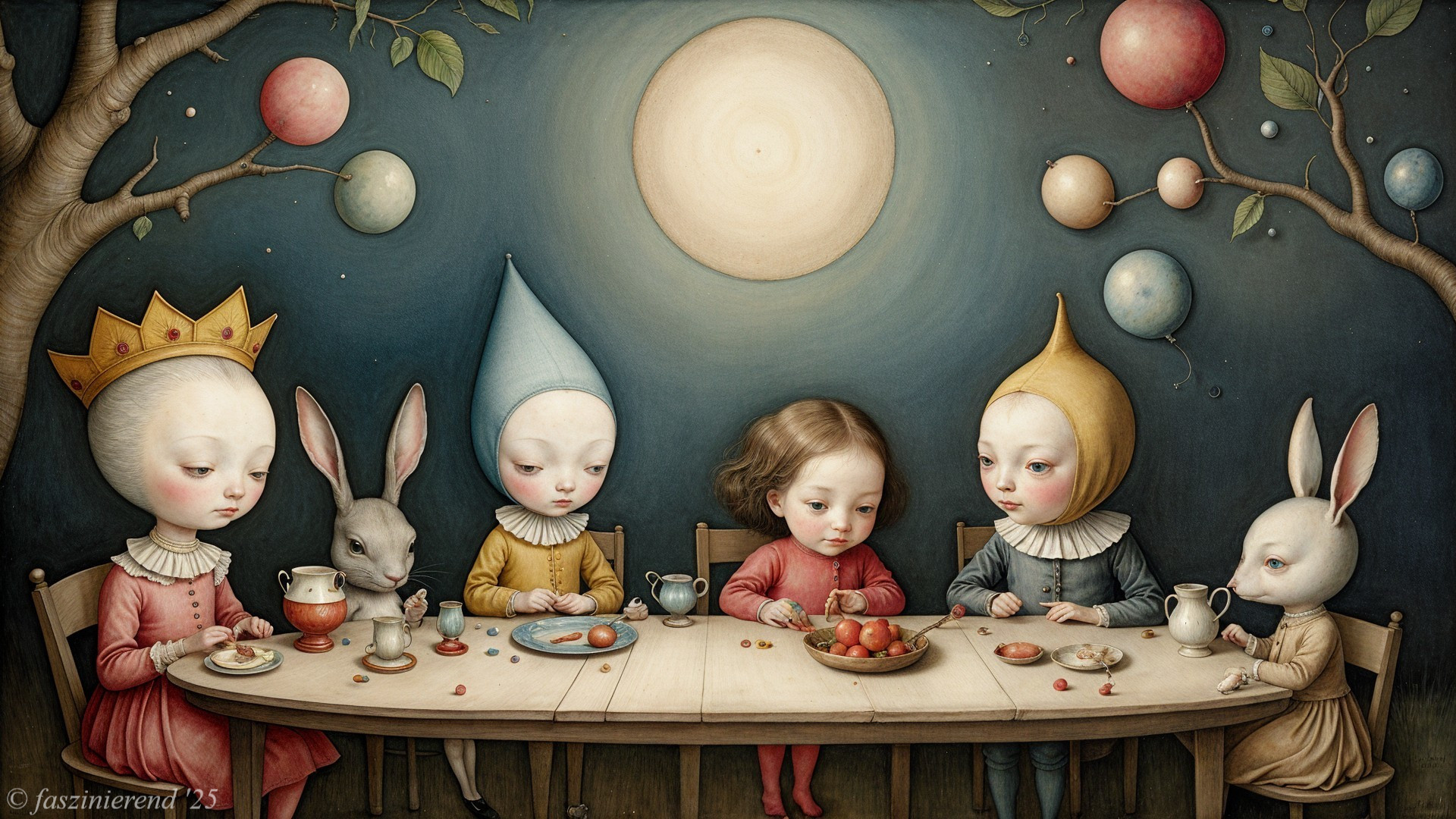 Children and Rabbits at a Moonlit Feast Table