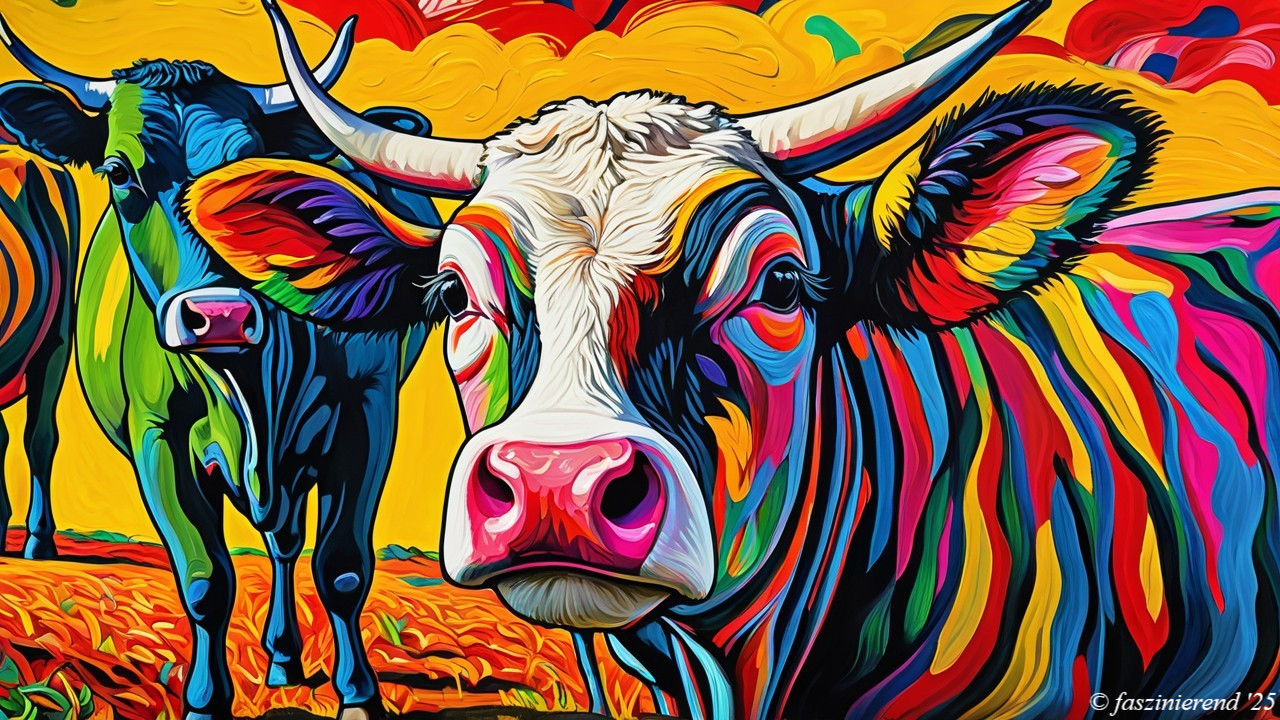 Colorful Artwork of Two Cows in Abstract Landscape