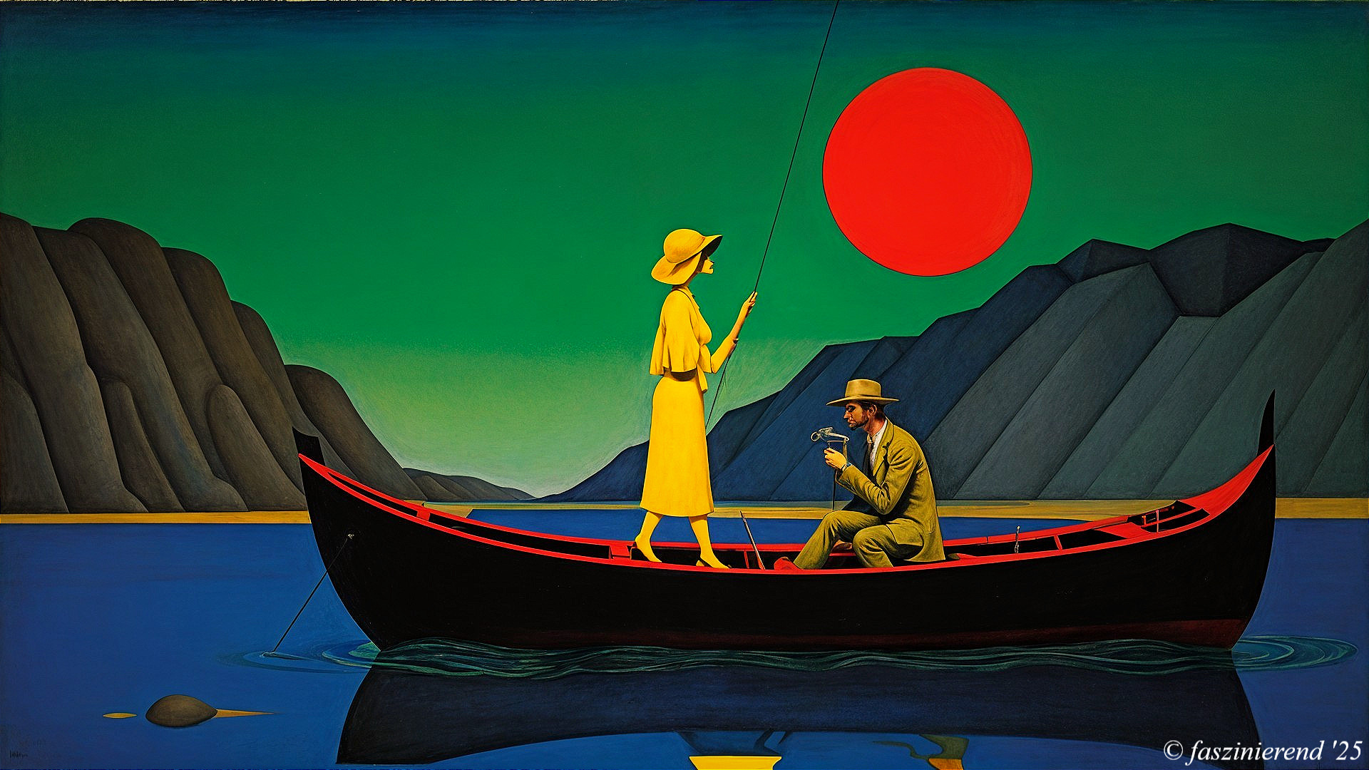 Serene Painting of Two Figures in a Boat at Sunset
