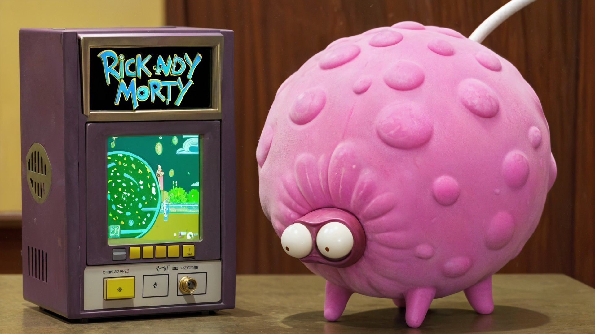 Playful Scene with Blob Creature and Retro Console