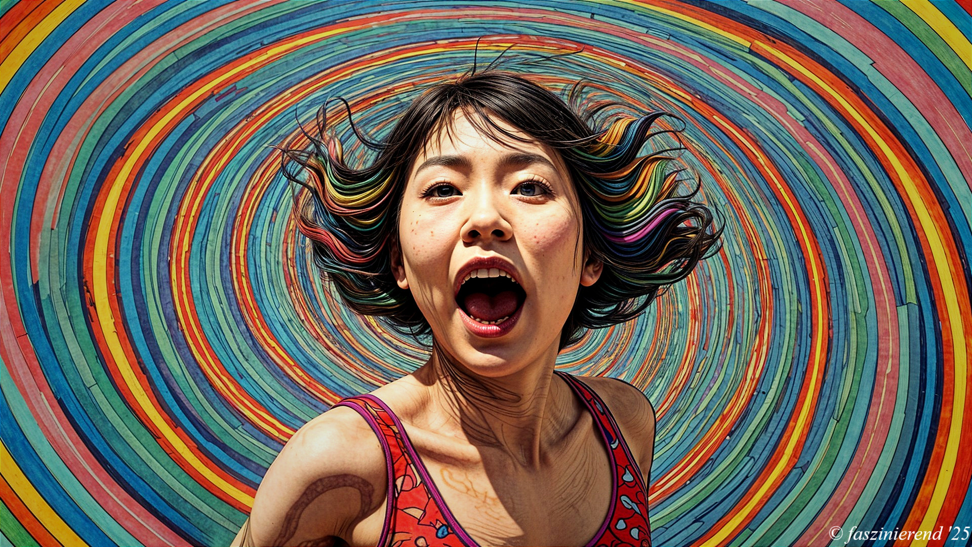 Joyful woman with vibrant hair in colorful backdrop