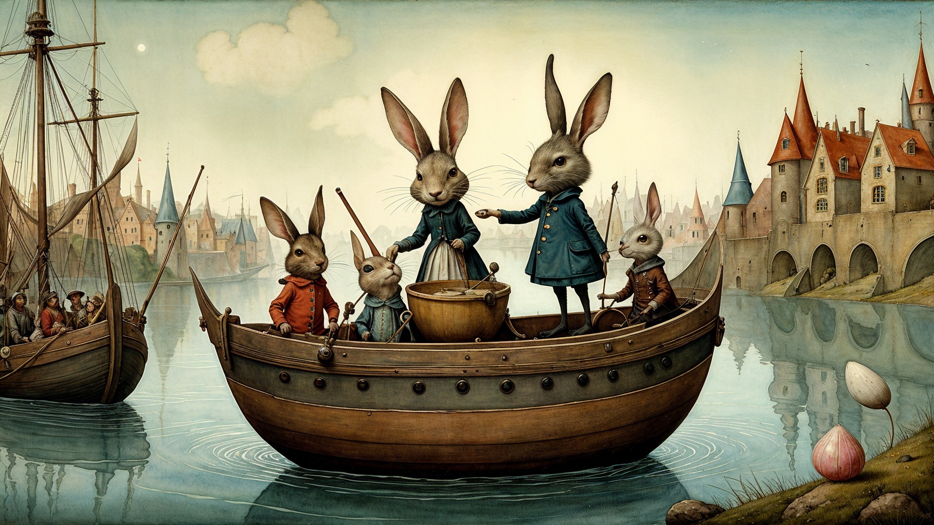 Anthropomorphic Rabbits in a Serene River Scene