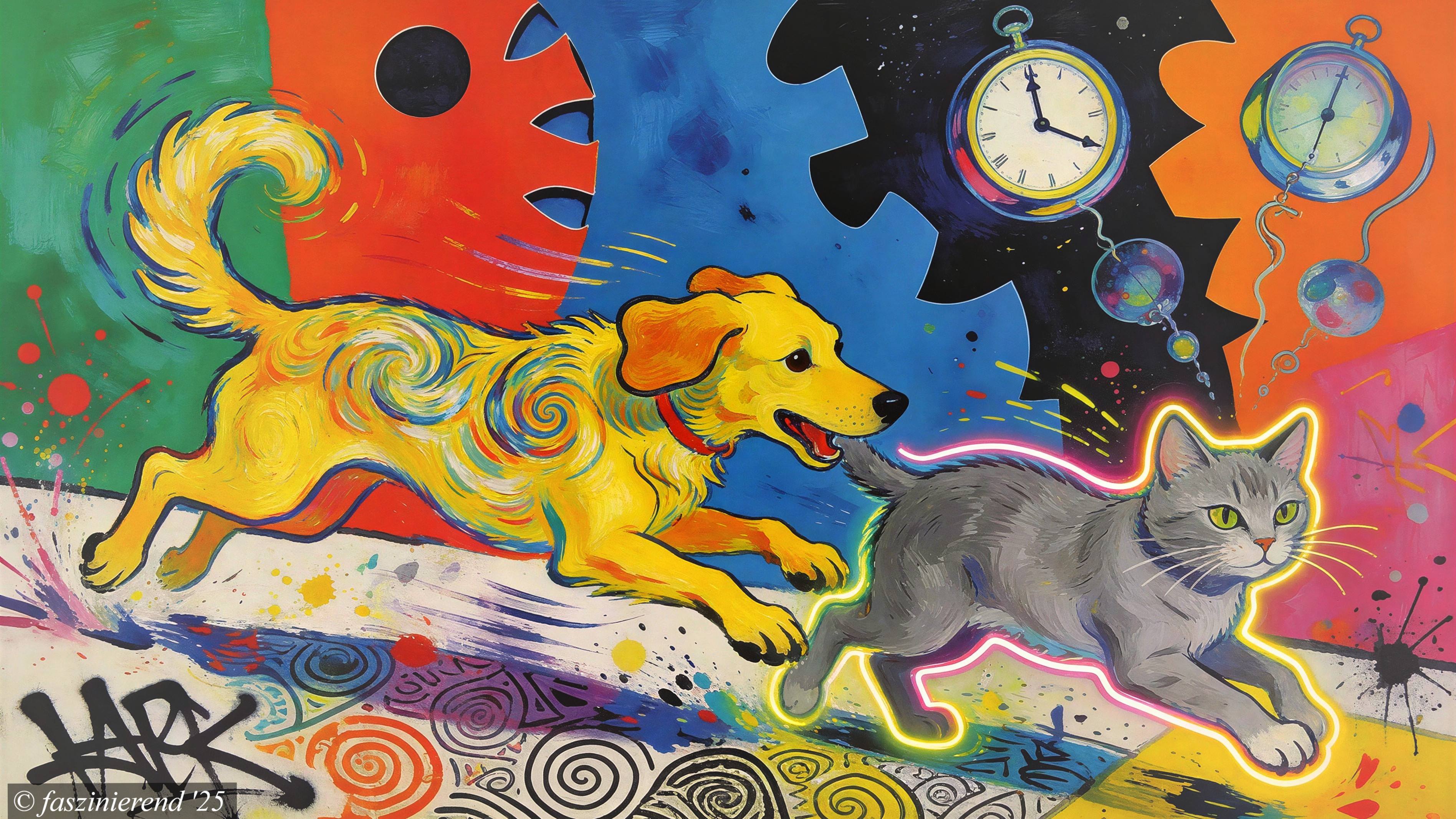 Vibrant Oil Painting of Puppy and Cat in Surreal Landscape