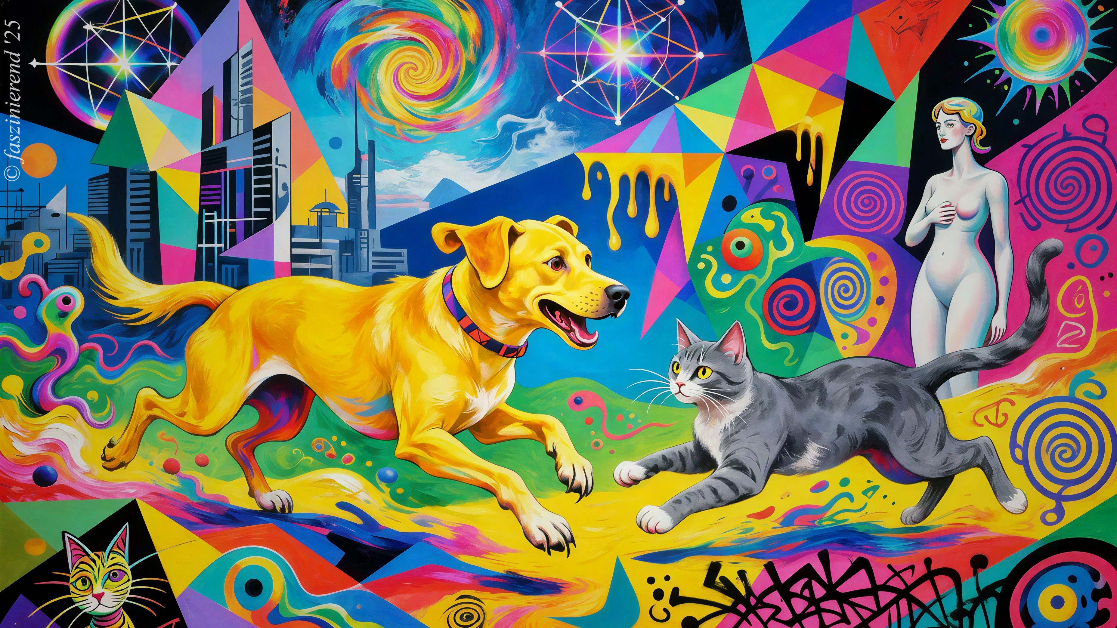 Surreal Painting of Dog and Cat in Abstract Setting