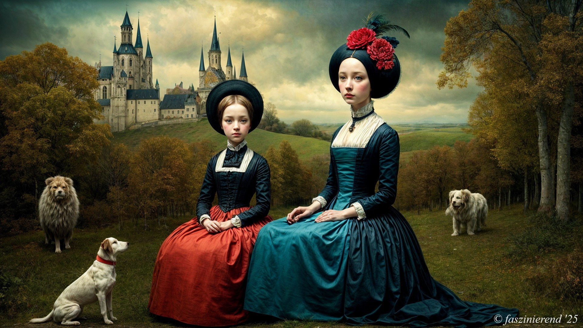 Elegant Women in Vintage Garments Amidst Castles