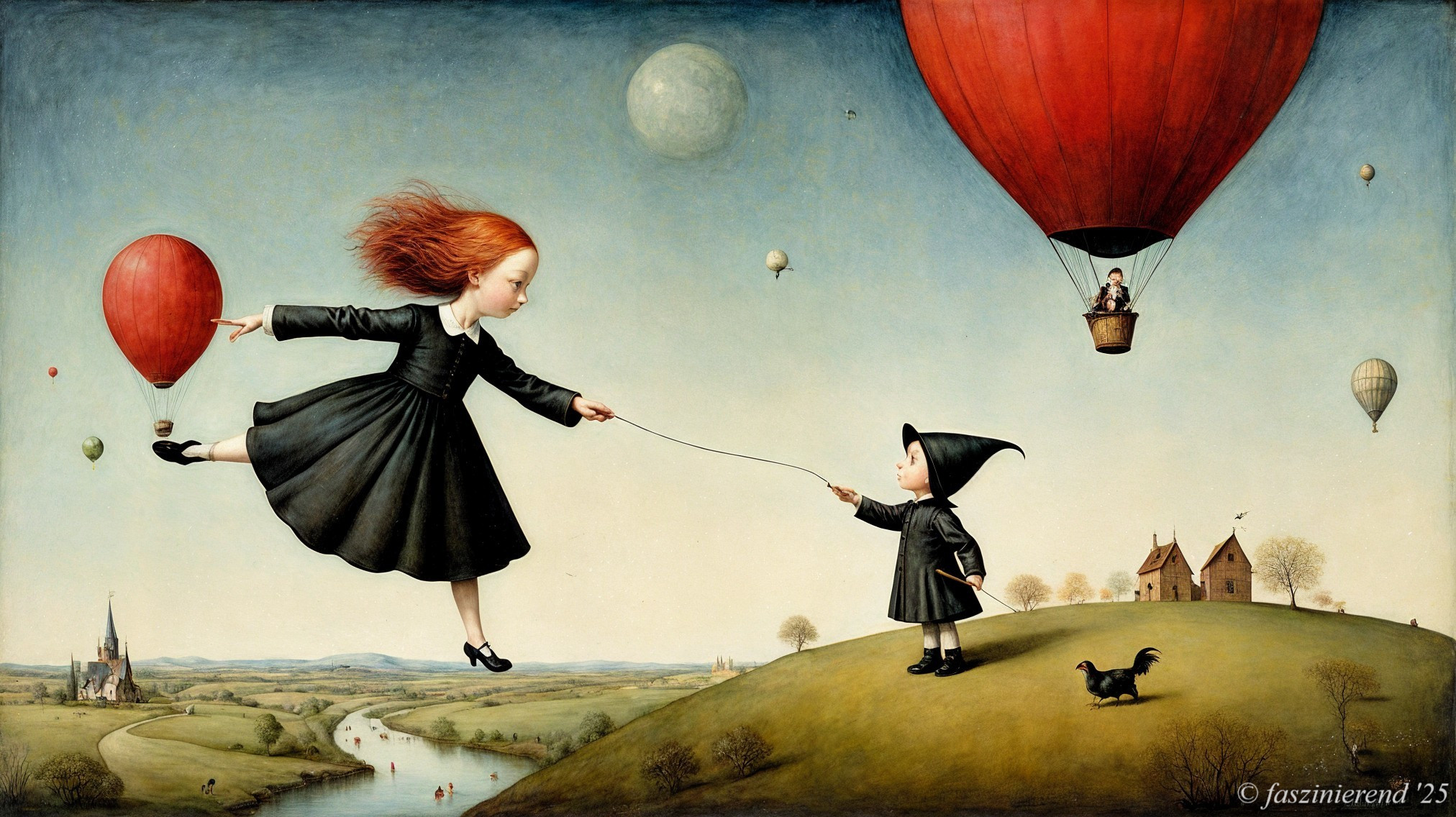 Whimsical Landscape with Floating Girl and Balloons