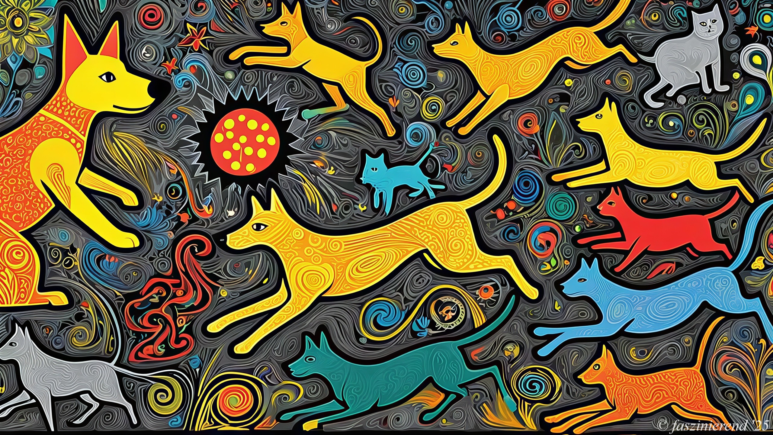 Vibrant Abstract Expressionism Featuring Colorful Dogs