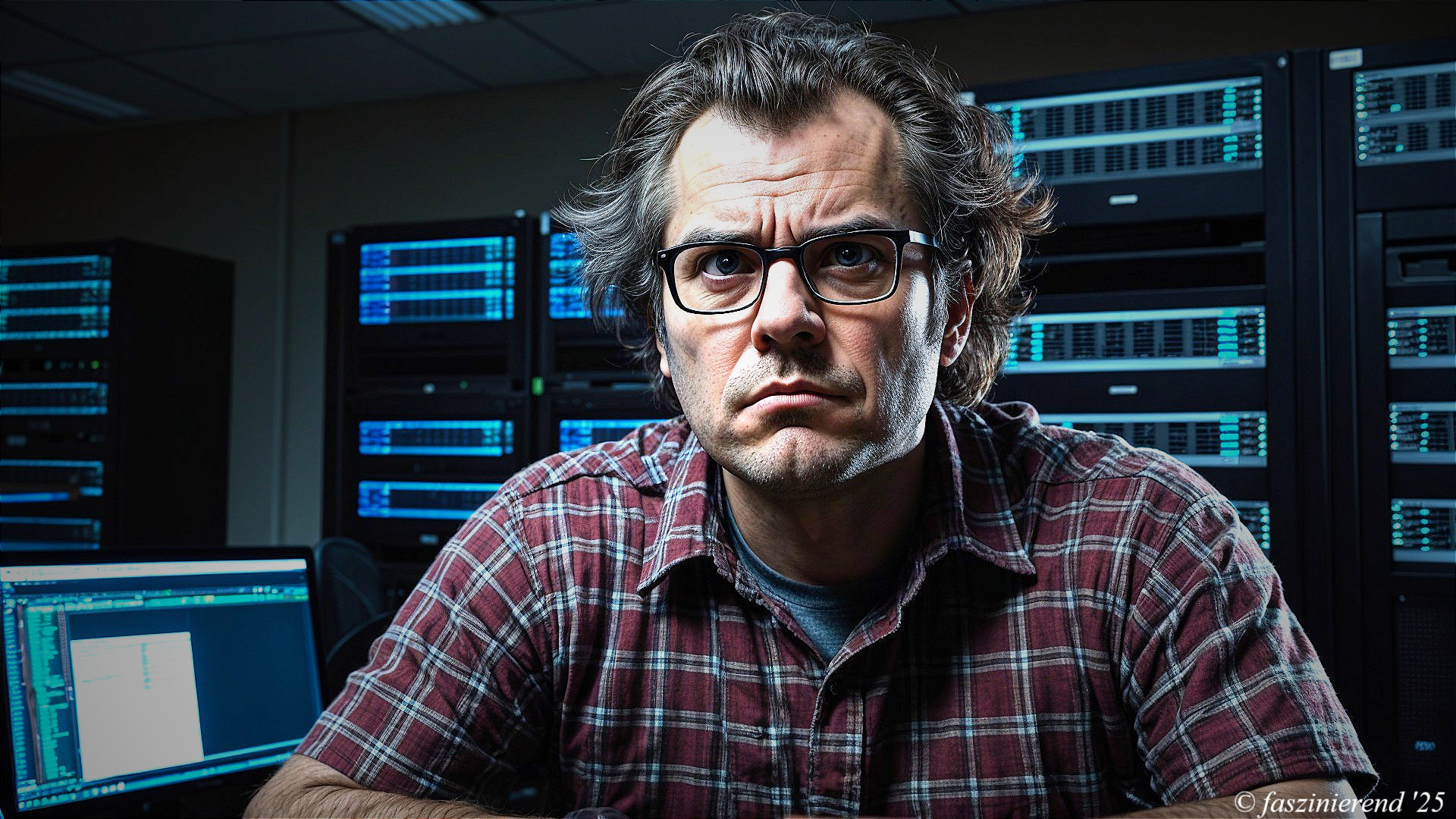 Man in Red Plaid Shirt Surrounded by Computer Screens
