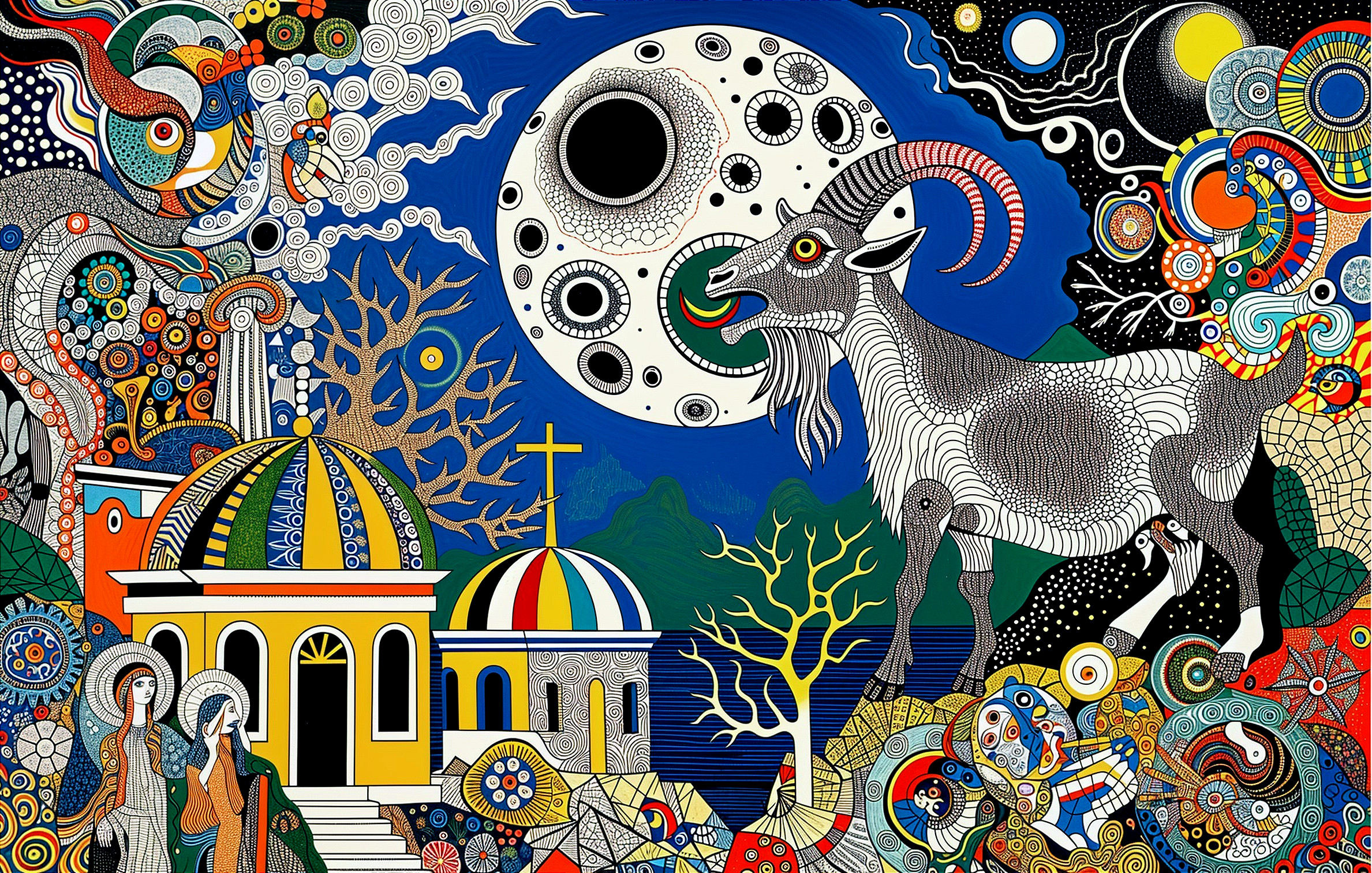 Surreal Scene with Goat, Moon, and Colorful Church