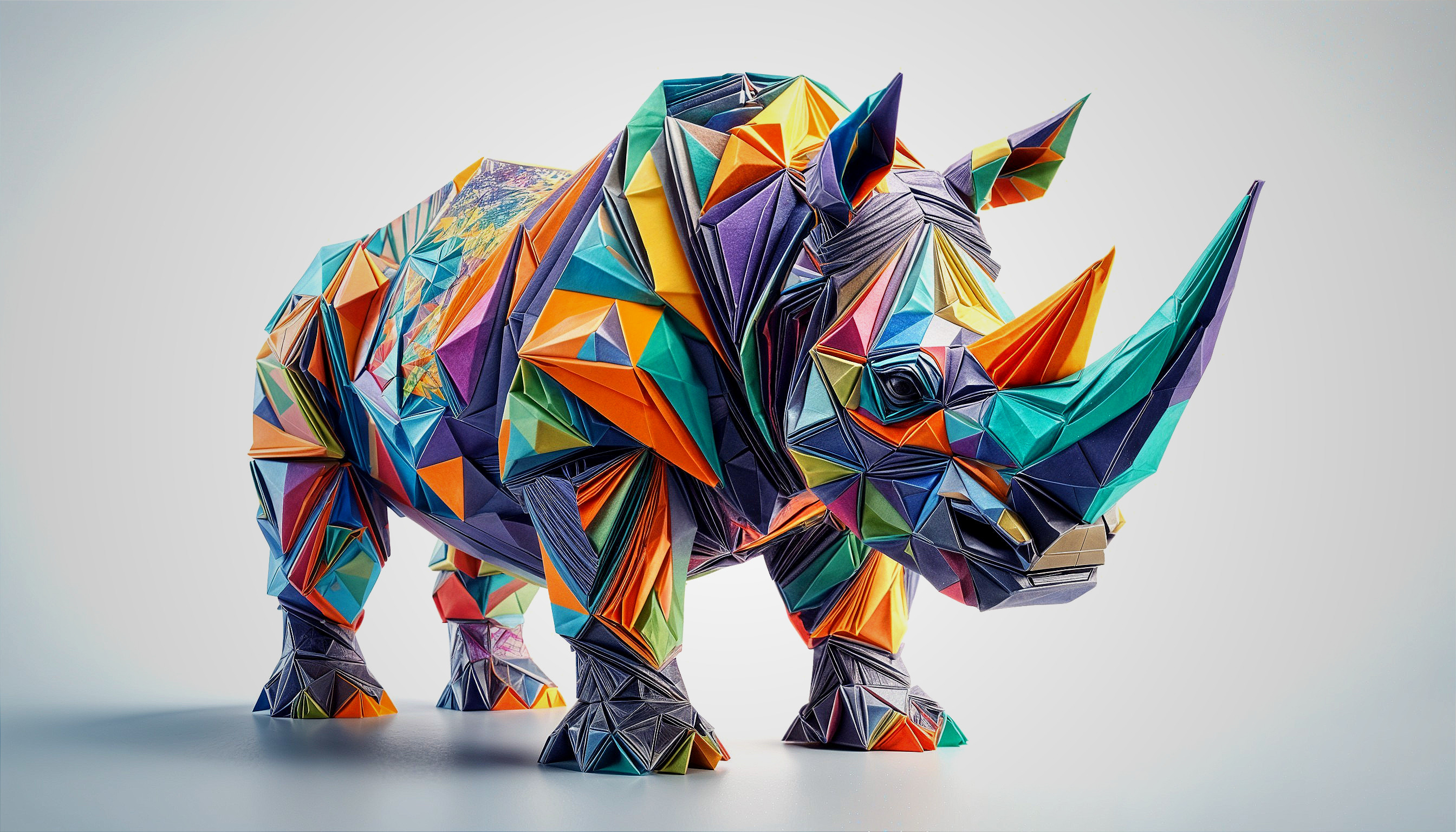 Colorful Geometric Rhinoceros Sculpture in Paper Shapes