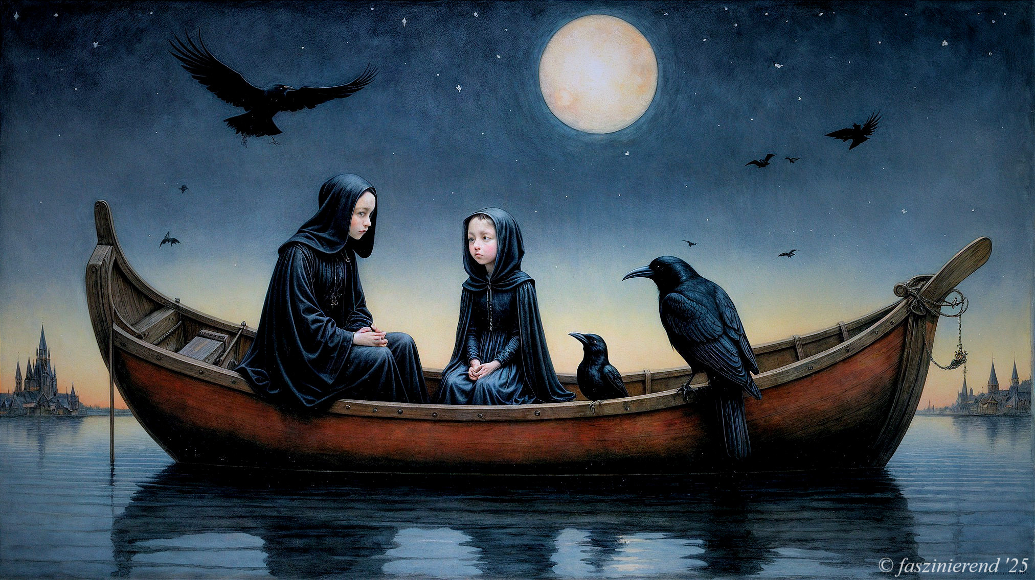 Figures in Cloaks on a Moonlit Lake with Ravens