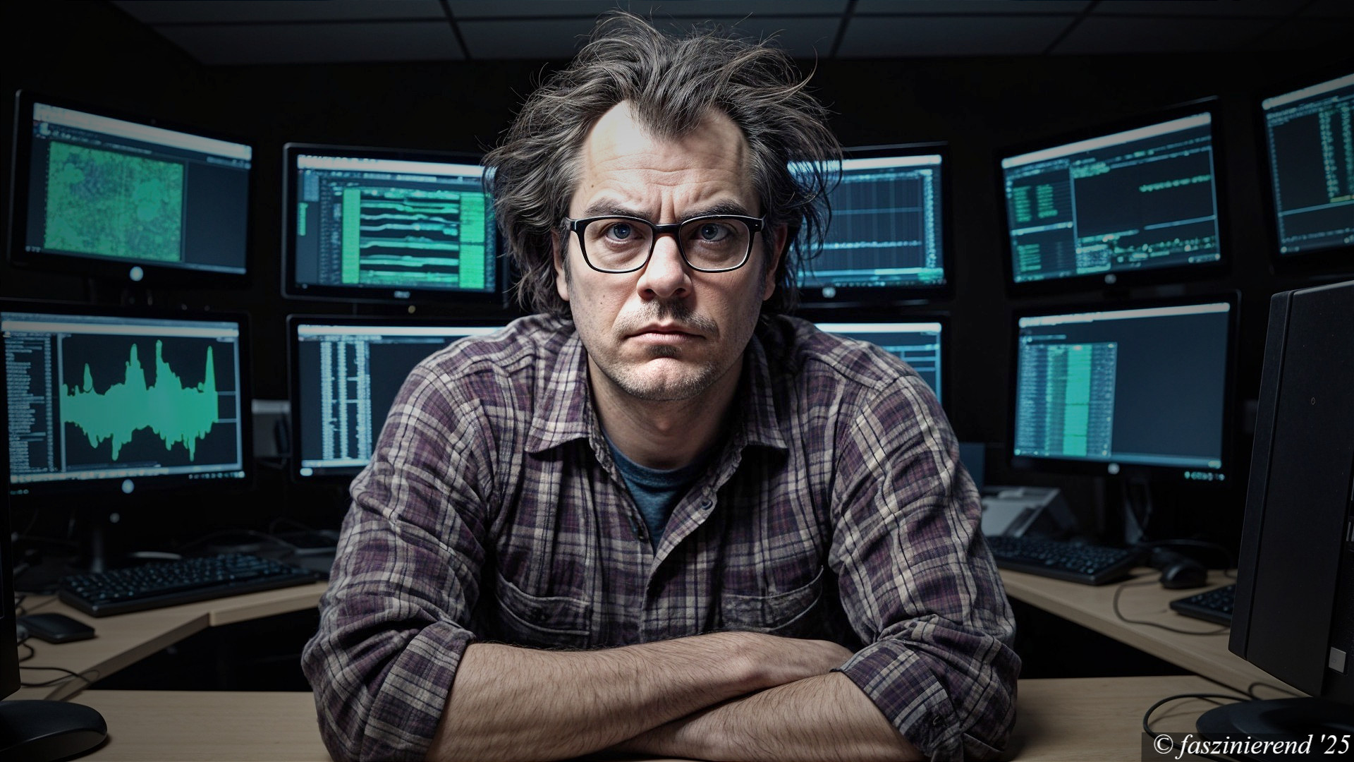 Man at desk with multiple screens in dimly lit room