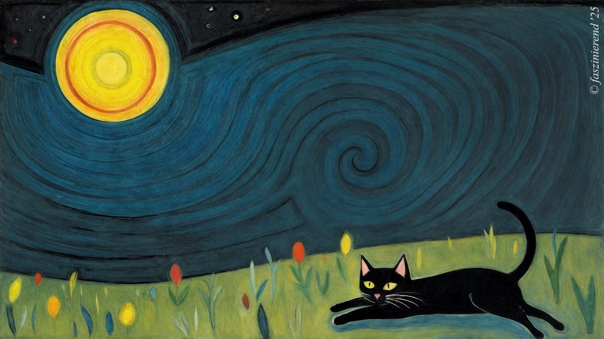 Whimsical Scene of Cat in Colorful Field with Tulips