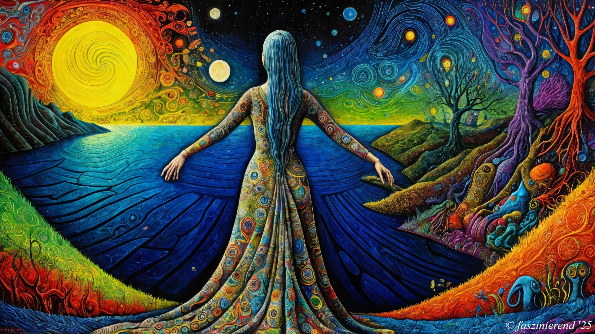 Surreal Landscape with Woman in Colorful Gown