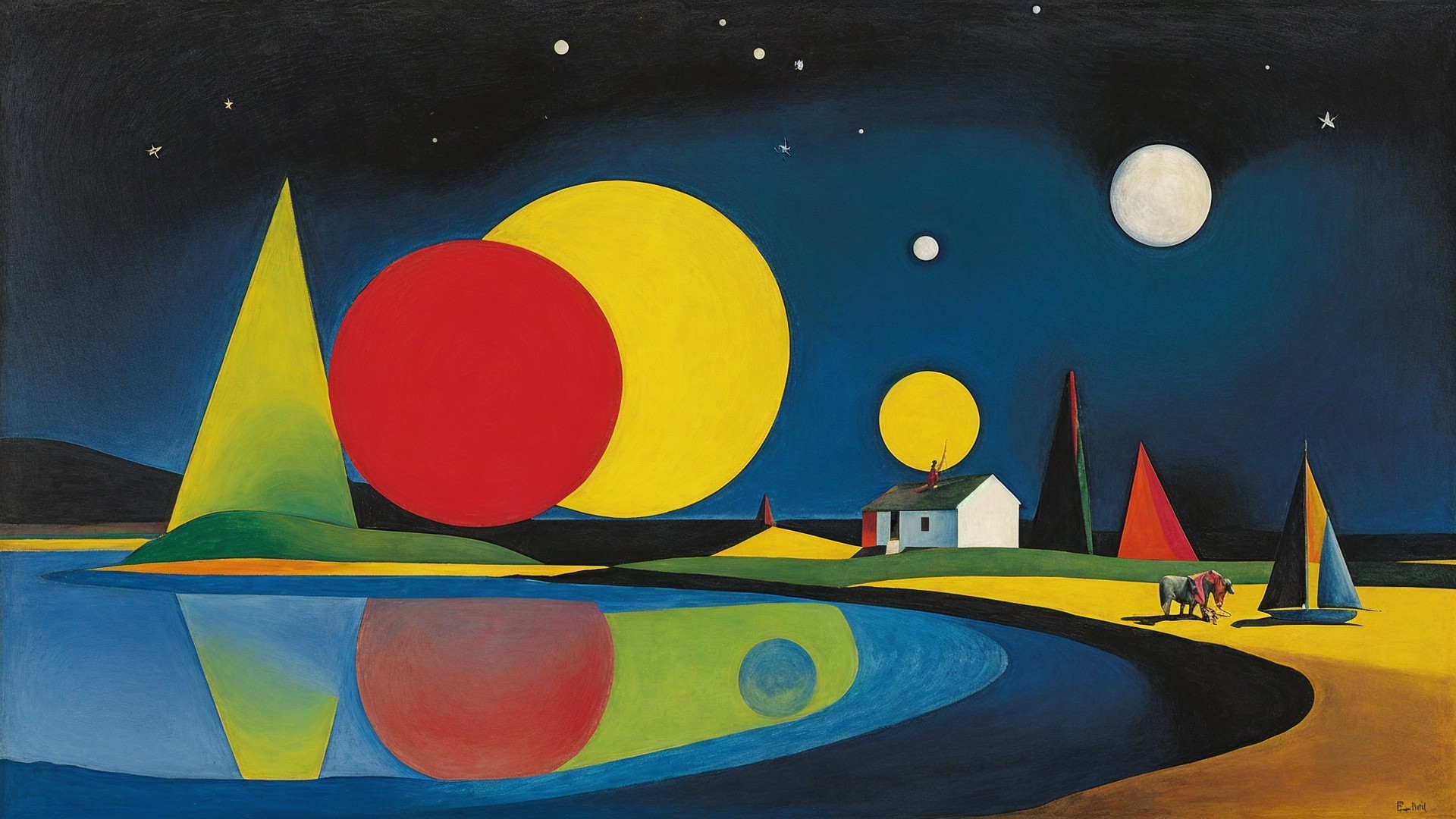 Surreal Landscape with Celestial Bodies and Figures