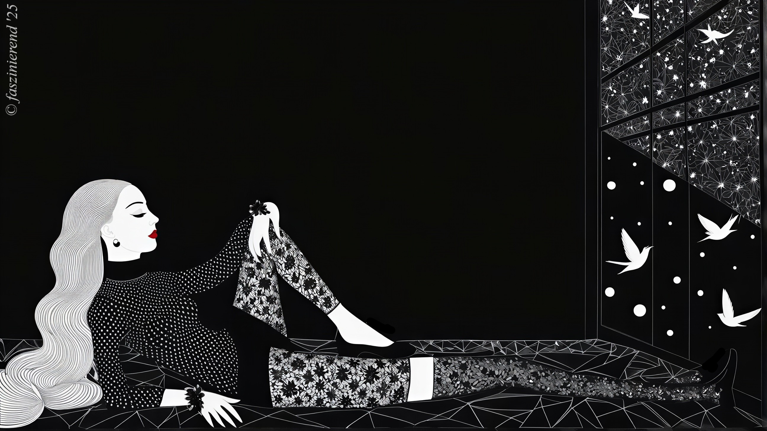 Black and white illustration of a woman by a window