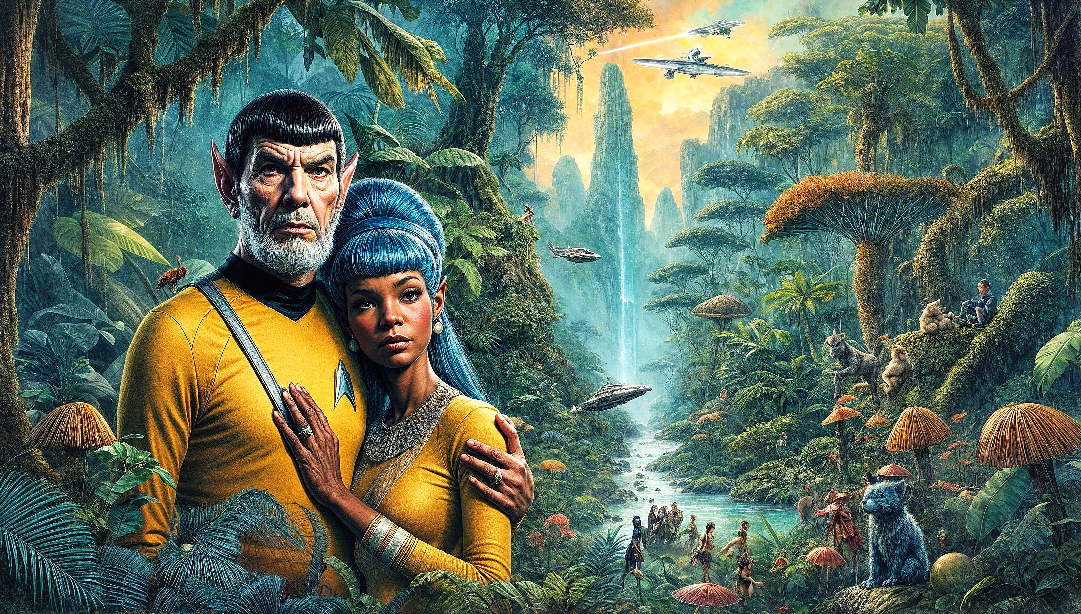 Vulcan and Woman in Bright Uniforms in Jungle Scene