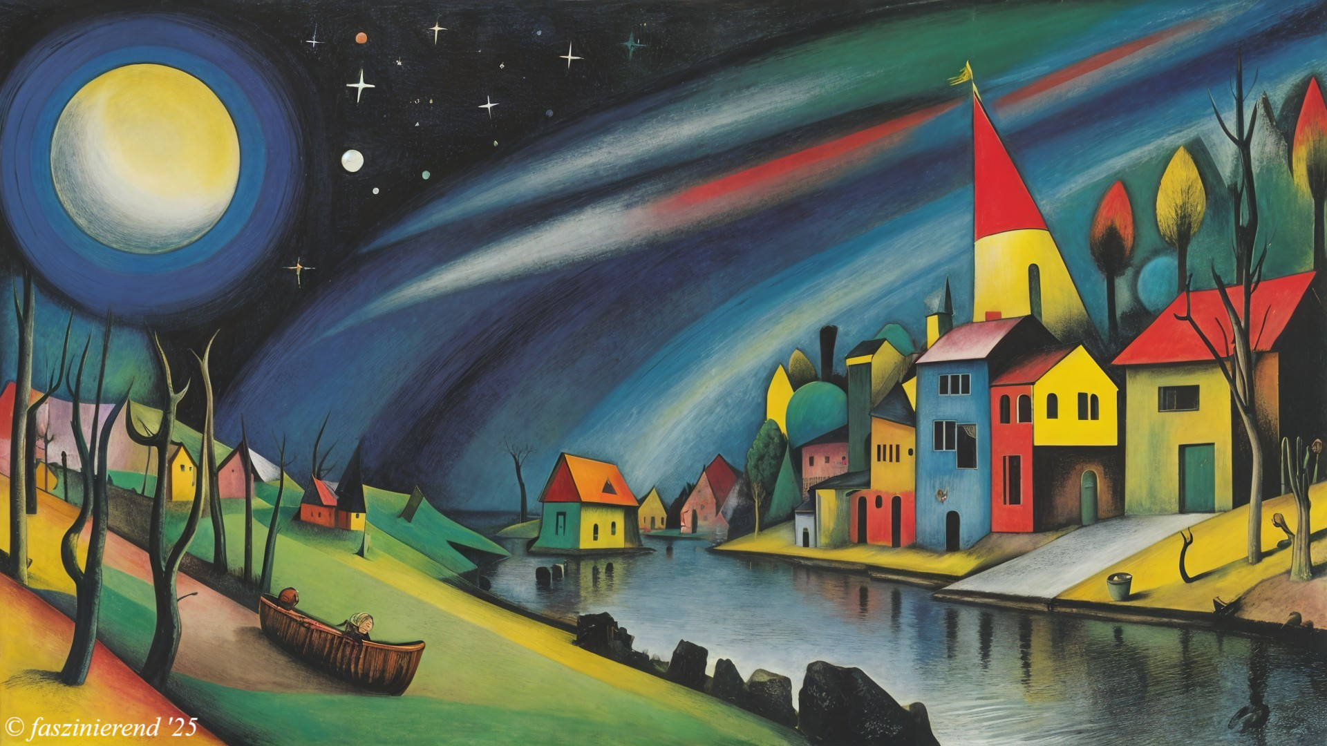 Vibrant Nighttime Landscape with Colorful Houses