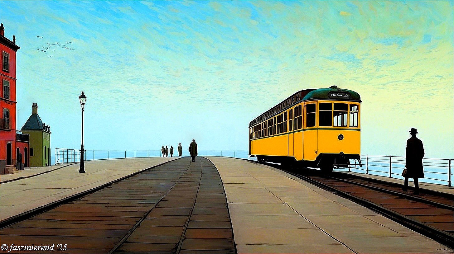 Vibrant Yellow Tram on Seaside Promenade with Pedestrians